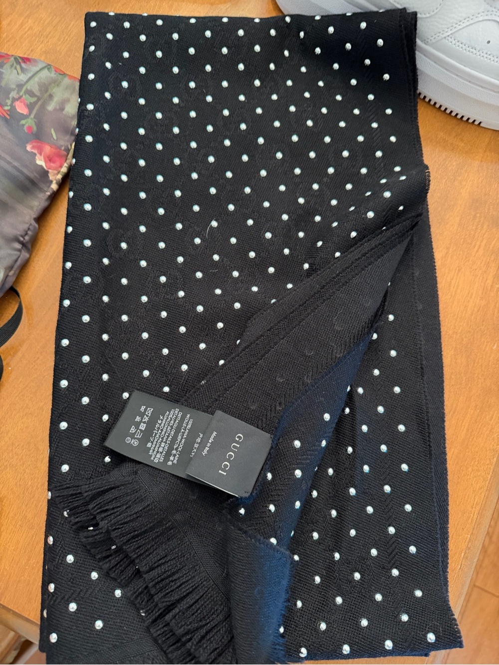 Gucci Black Scarf with White Polka Dots